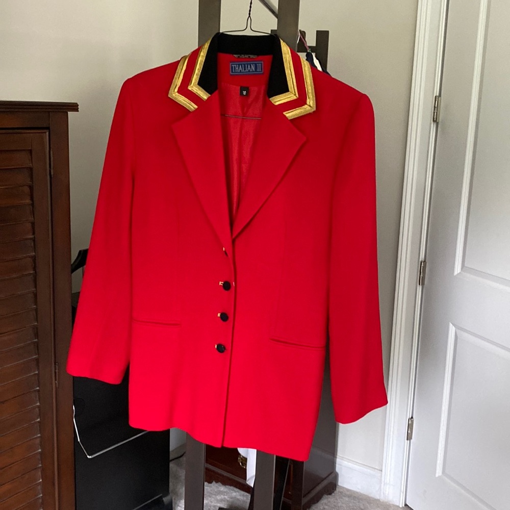 Red jacket. So cute with black leggings and boots